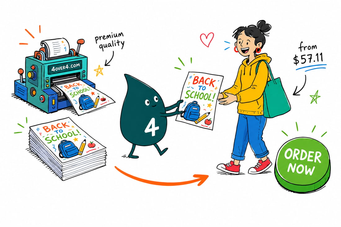 Wally the 4OVER4 mascot handing a stack of colorful back to school flyers priced at $39.54 for 50 to a smiling teacher outside a school, teal hand-drawn line art.