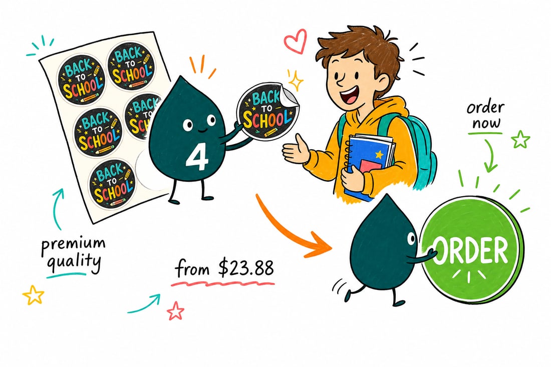 Wally the 4OVER4 mascot handing a sheet of colorful back to school stickers, priced from $23.88 for 25, to a smiling student with a backpack, teal hand-drawn line art.