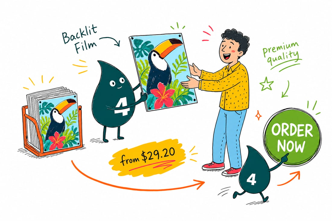 Wally the 4OVER4 mascot sliding a glowing backlit film print, priced at $29.20, into an illuminated light box, teal hand-drawn line art.