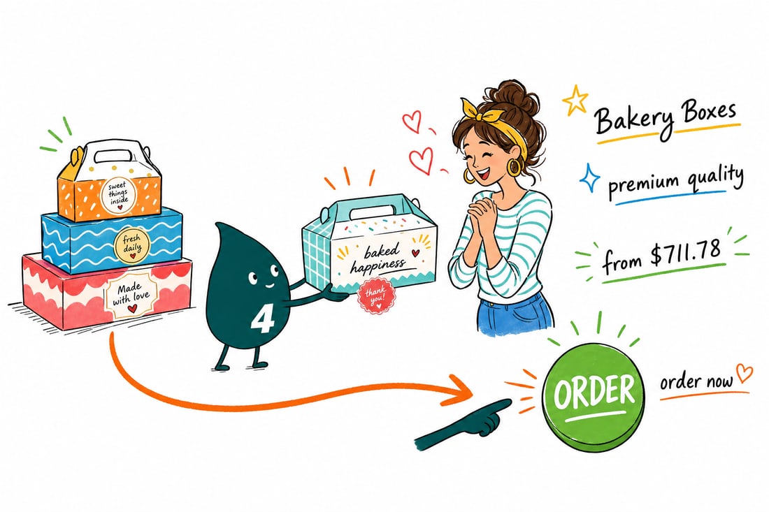 Wally the 4OVER4 mascot handing a printed bakery box full of cupcakes, priced from $711.78 for 250, across a bakery counter to a happy customer, teal hand-drawn line art.