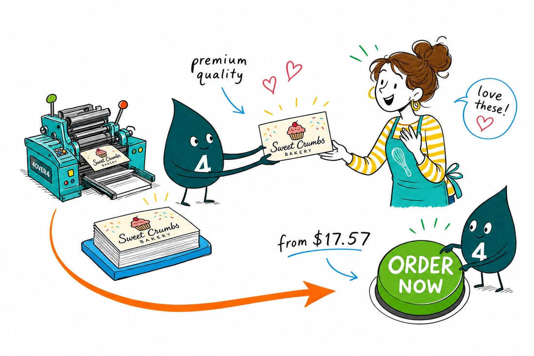 Wally the 4OVER4 mascot handing a bakery business card, priced at $17.57 for 100, across a bakery counter beside a box of pastries, teal hand-drawn line art.