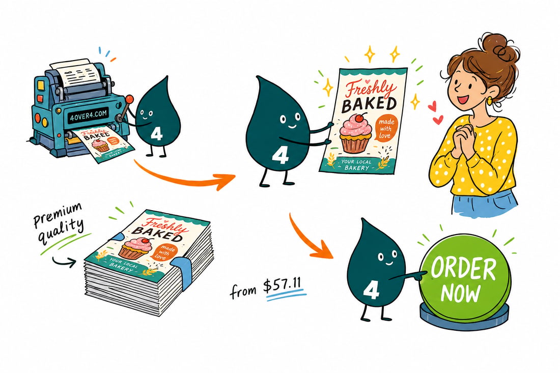 Wally the 4OVER4 mascot handing a full-color bakery flyer, priced at $39.54 for 50, across a bakery counter to a happy customer, teal hand-drawn line art.