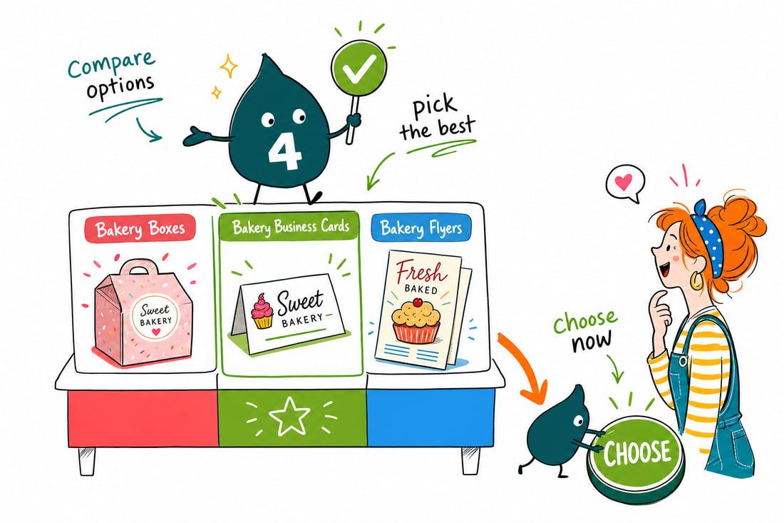 Wally compares Bakery Printing options side by side at 4OVER4.COM