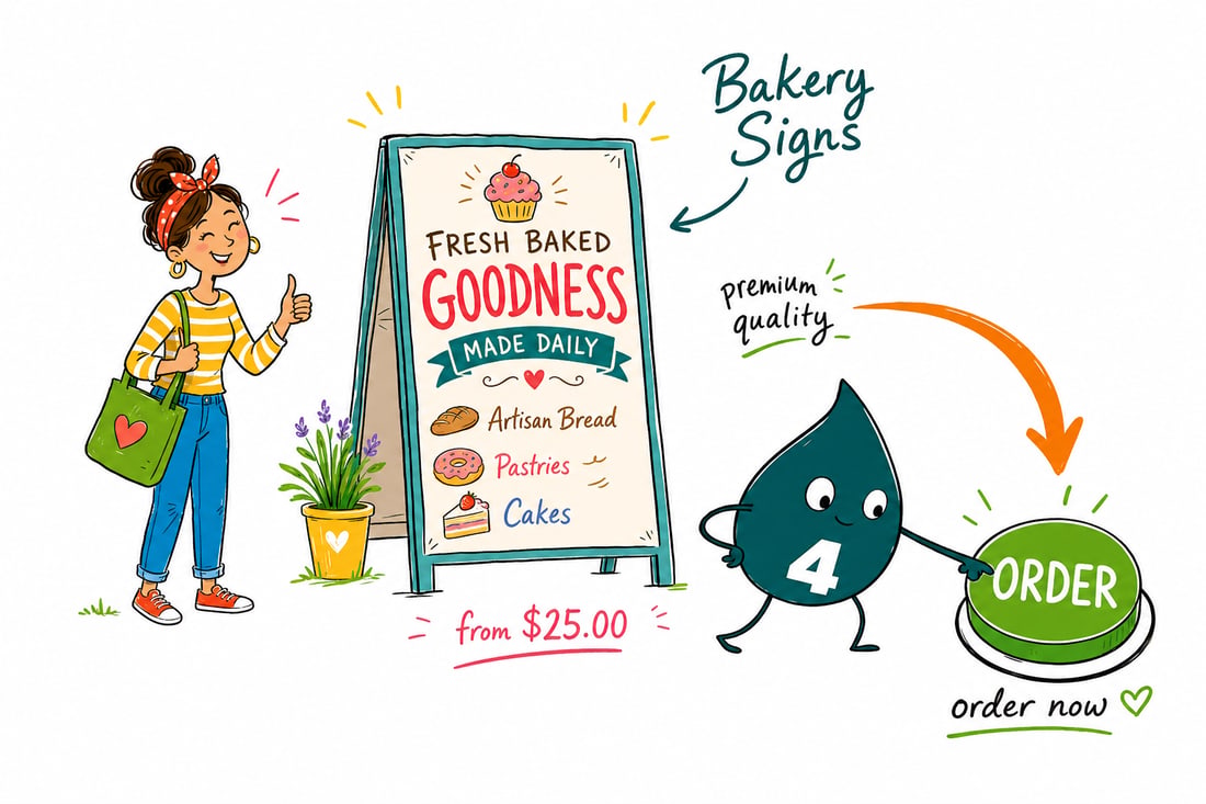 Wally the 4OVER4 mascot holding a freshly printed bakery menu sign priced from $25, standing beside a bakery counter, teal hand-drawn line art.