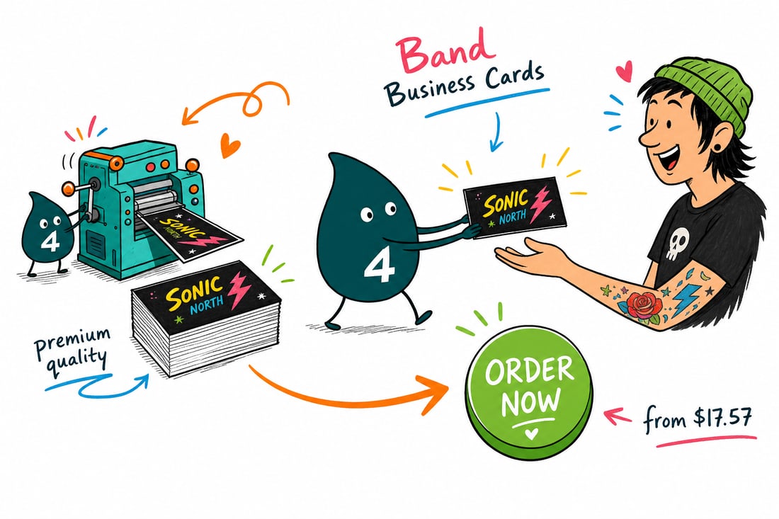 Wally the 4OVER4 mascot handing a band business card, priced at $17.57 for 100, to a musician at a merch table, teal hand-drawn line art.