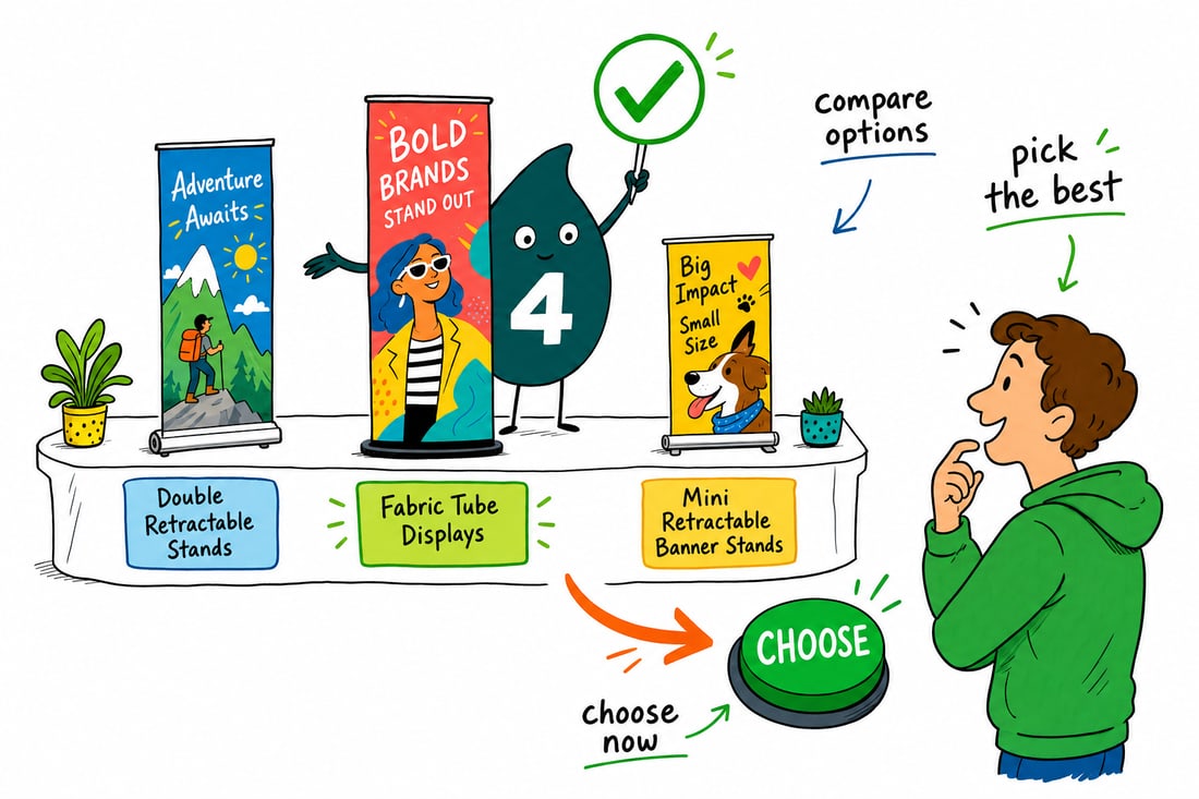 Wally compares Banner Stands options side by side at 4OVER4.COM