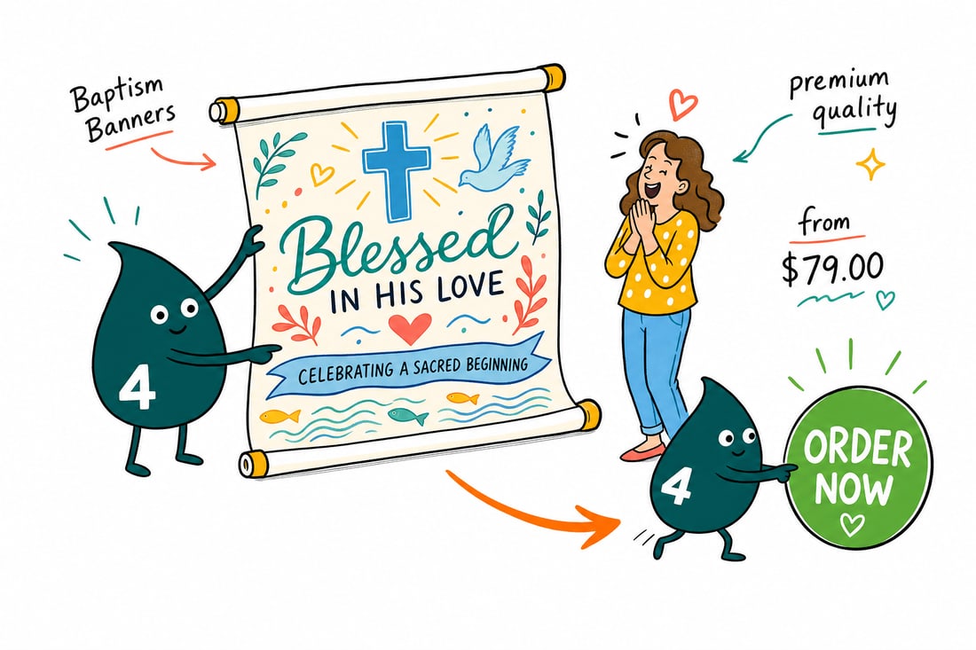 Wally the 4OVER4 mascot hanging a personalized baptism banner printed on vinyl, showing a child's name and the date, teal hand-drawn line art.