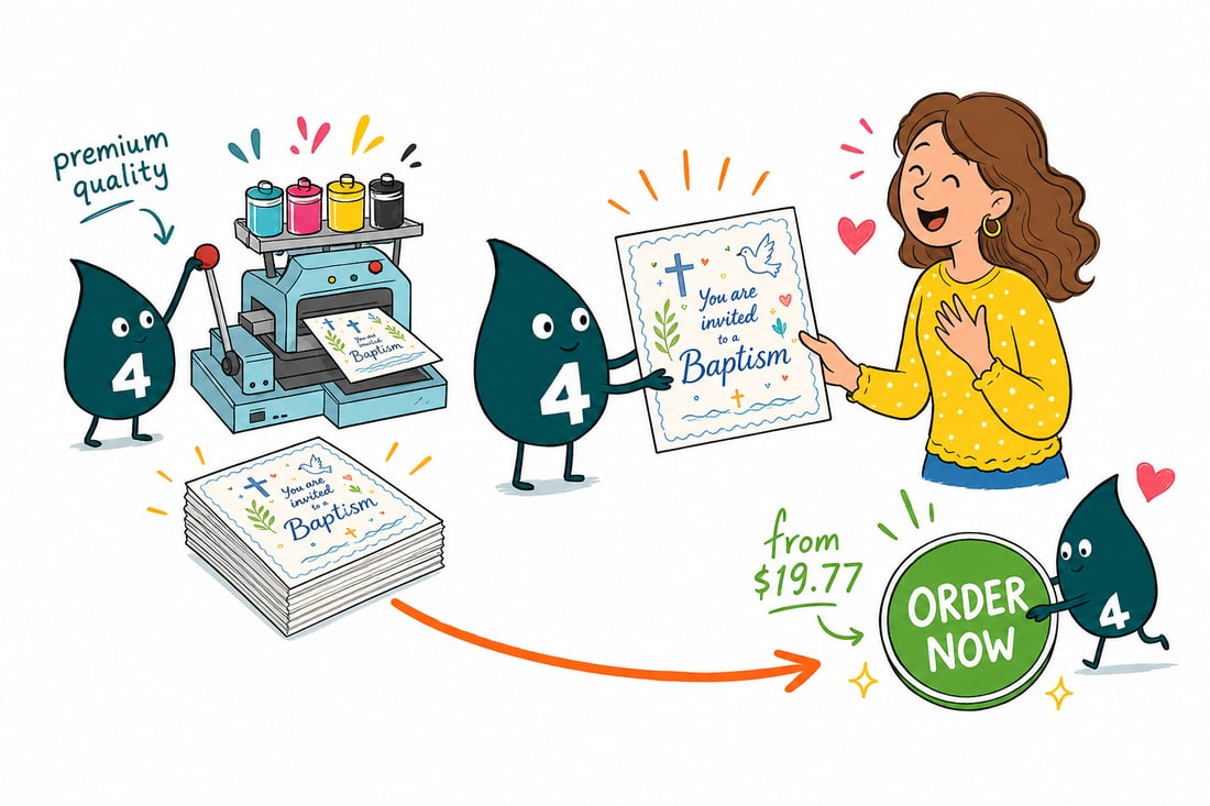 Wally the 4OVER4 mascot handing a baptism invitation card, priced from $19.77 for 25, to a smiling parent across a counter, teal hand-drawn line art.