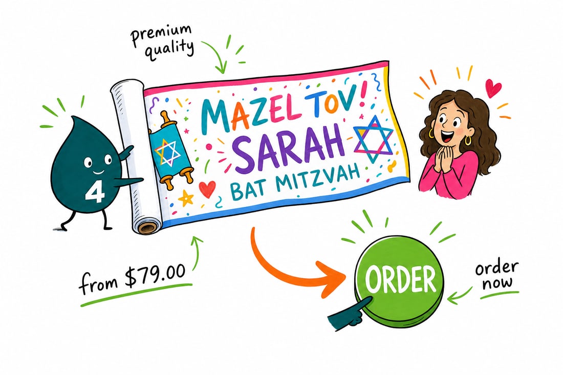 Wally the 4OVER4 mascot hanging a personalized bar mitzvah banner printed on vinyl, showing a teen's name and the date, teal hand-drawn line art.