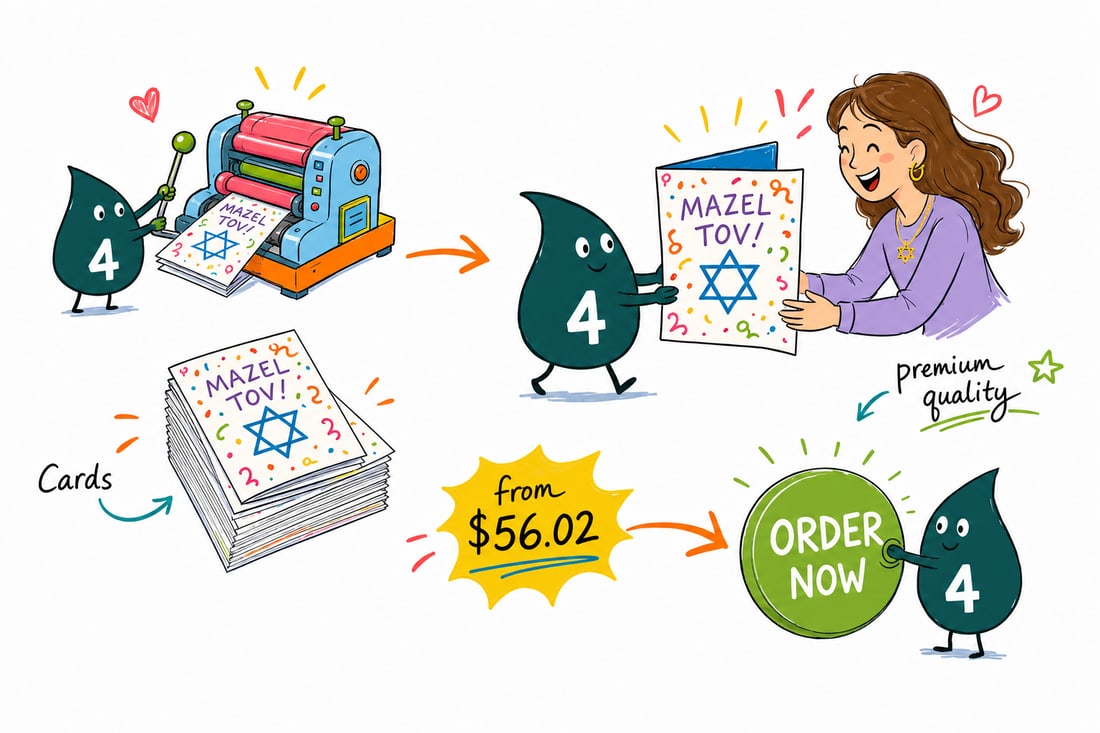 Wally the 4OVER4 mascot handing a folded bar and bat mitzvah greeting card, priced from $56.02 for 50, with a matching envelope, teal hand-drawn line art.