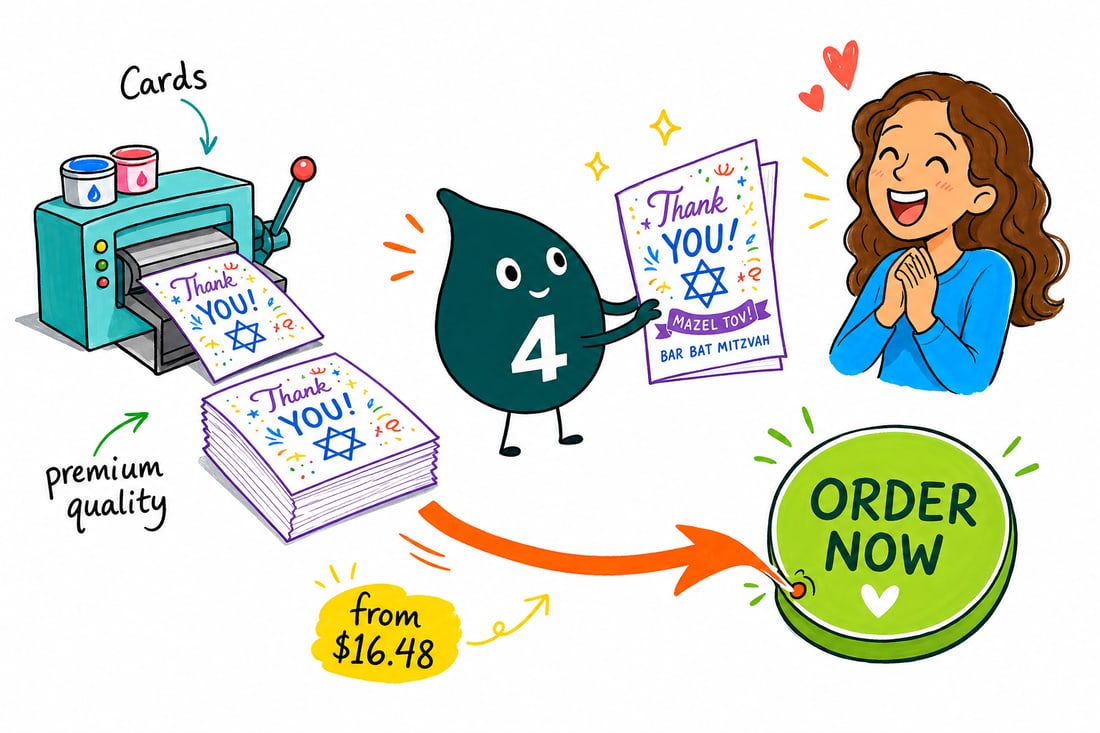 Wally the 4OVER4 mascot handing a bar bat mitzvah thank you card, priced at $19.77 for 25, across a table to a happy family, teal hand-drawn line art.