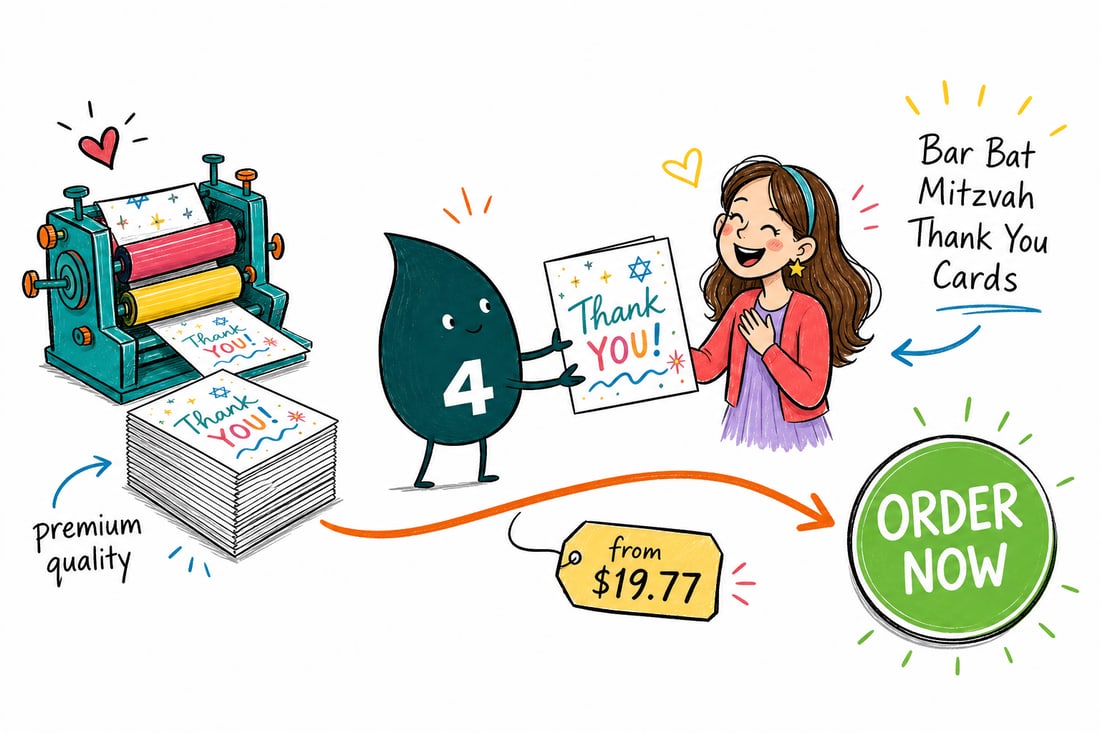 Wally the 4OVER4 mascot handing a bar bat mitzvah thank you card, priced at $19.77 for 25, across a table to a happy family, teal hand-drawn line art.