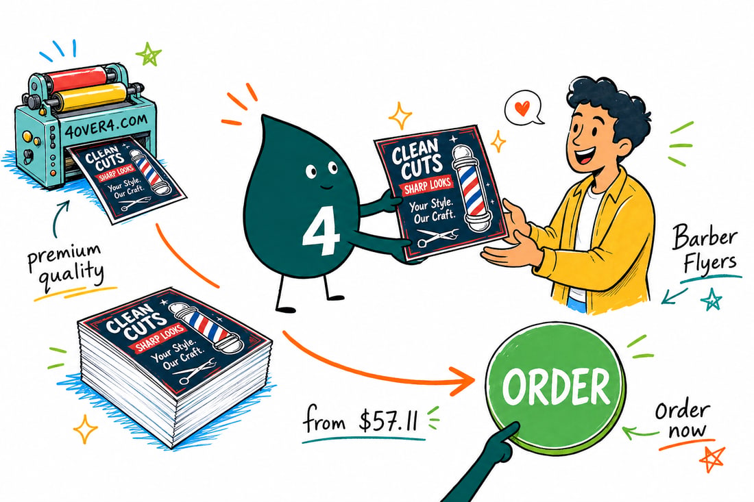 Wally the 4OVER4 mascot handing a full color barber shop flyer, priced at $39.54 for 50, across a barber counter to a happy customer, teal hand-drawn line art.