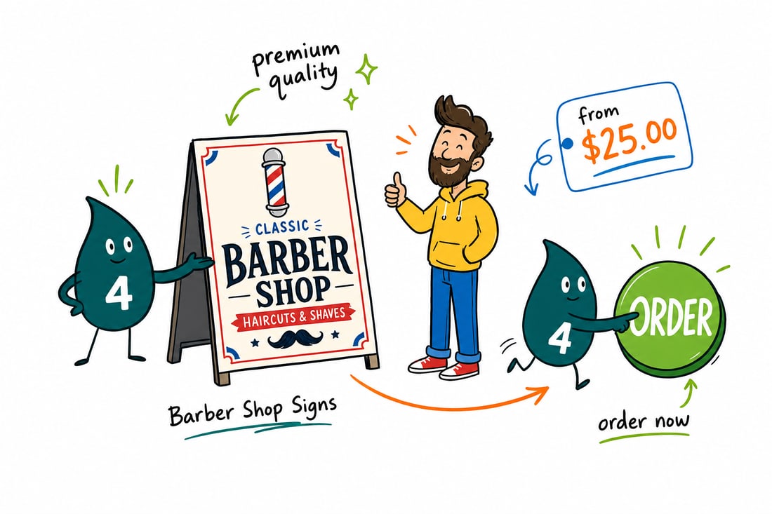 Wally the 4OVER4 mascot hanging a full-color barber shop sign, priced at $25, on the window of a barbershop, teal hand-drawn line art.