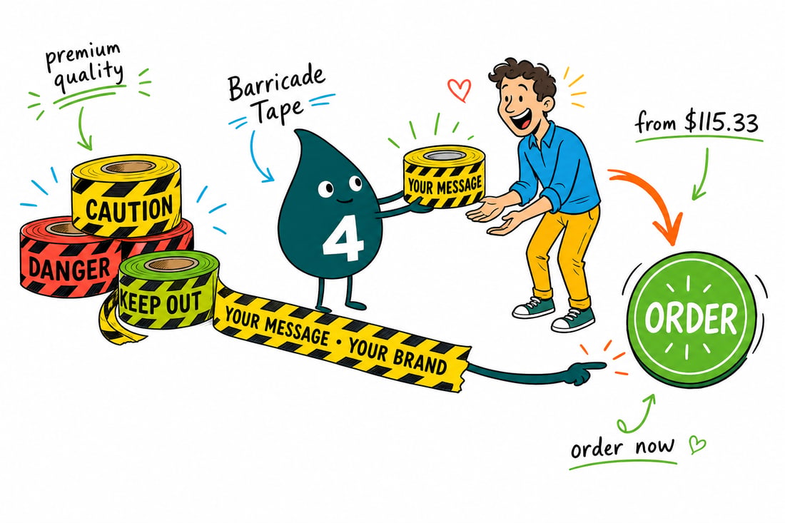 Wally the 4OVER4 mascot unrolling a spool of high-visibility barricade tape printed with a bold custom warning message across a work zone, teal hand-drawn line art.