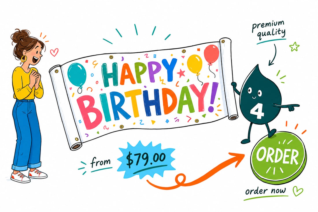 Wally the 4OVER4 mascot hanging a full-color happy birthday banner on a wall for a party, teal hand-drawn line art.