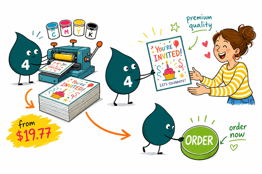 Wally the 4OVER4 mascot handing a full-color birthday invitation, priced at $19.77 for 25, with a matching envelope, to a happy party host, teal hand-drawn line art.