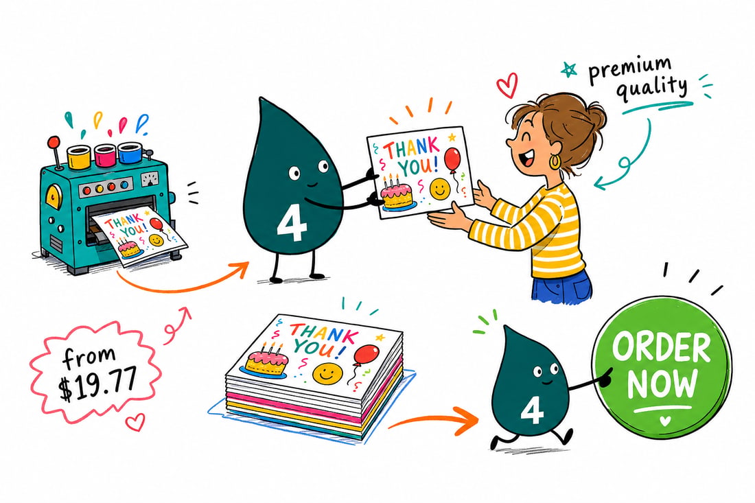 Wally the 4OVER4 mascot handing a printed birthday thank you card, priced at $19.77 for 25, with a matching envelope across a counter to a happy customer, teal hand-drawn line art.
