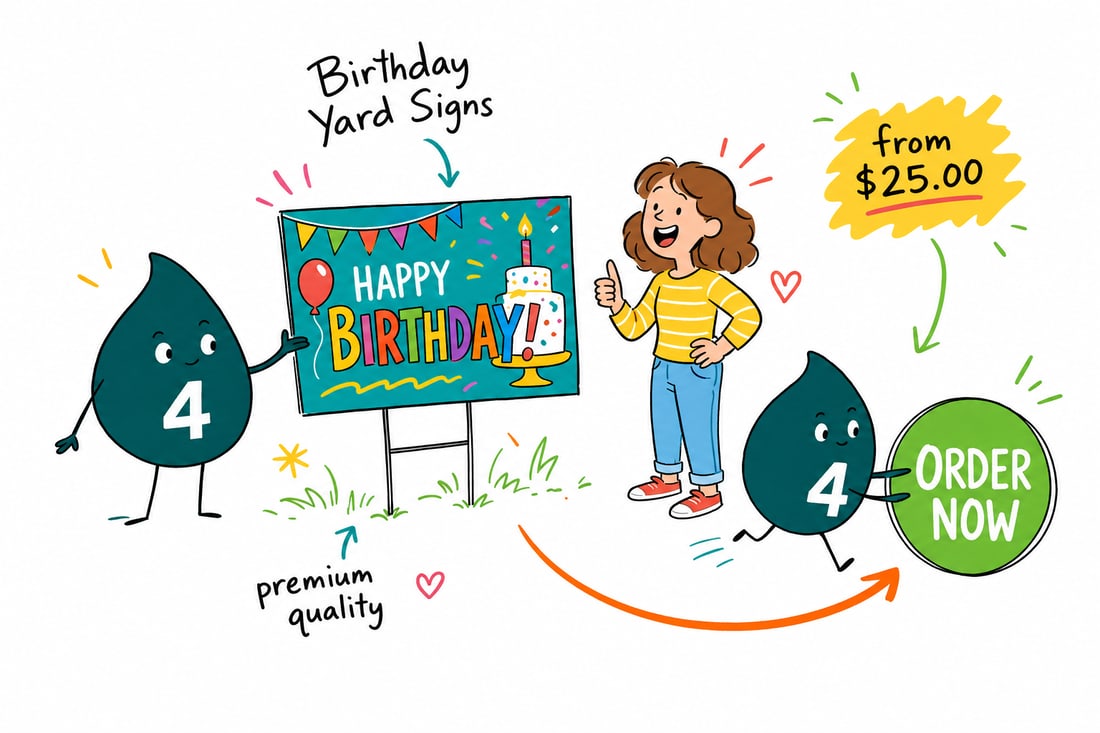 Wally the 4OVER4 mascot planting a full-color birthday yard sign that reads Happy Birthday into a green front lawn with a metal H-stake, priced from $25, teal hand-drawn line art.