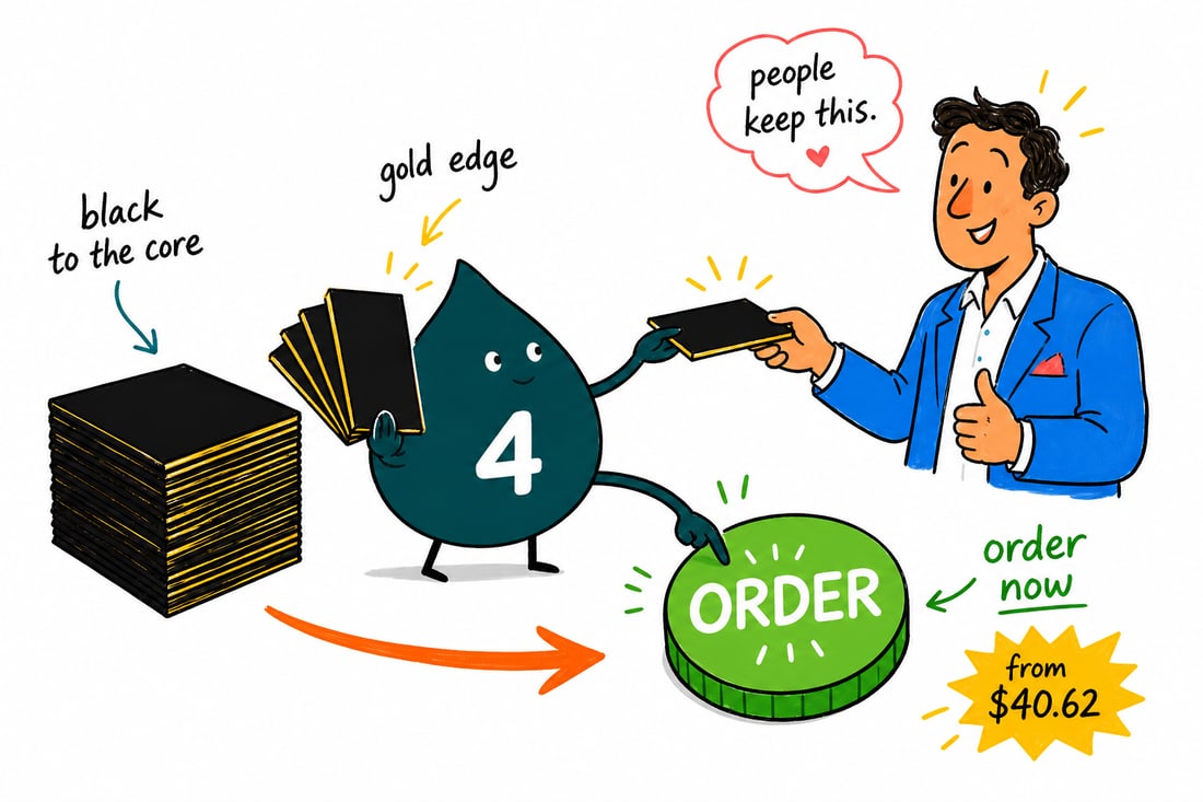 Wally the 4OVER4 mascot fanning out a stack of solid black business cards with a bright gold painted edge, priced at $40.62 for 50, handing one across a counter, teal hand-drawn line art.