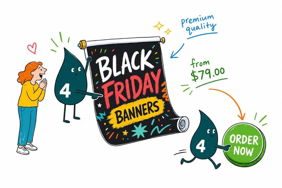 Wally the 4OVER4 mascot hanging a bold Black Friday sale banner priced at $79 across a storefront window, teal hand-drawn line art.
