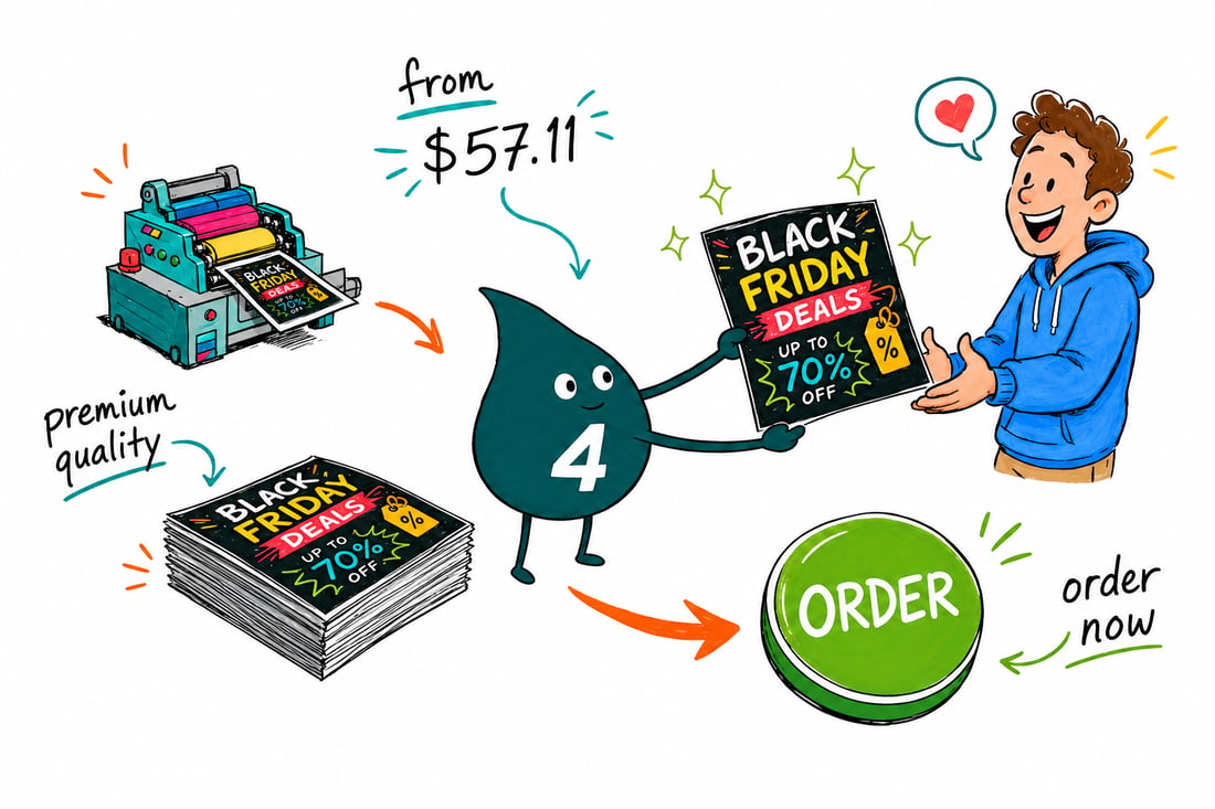 Wally the 4OVER4 mascot handing a bright red-and-black Black Friday sale flyer, priced from $39.54 for 50, across a store counter to an eager shopper, teal hand-drawn line art.