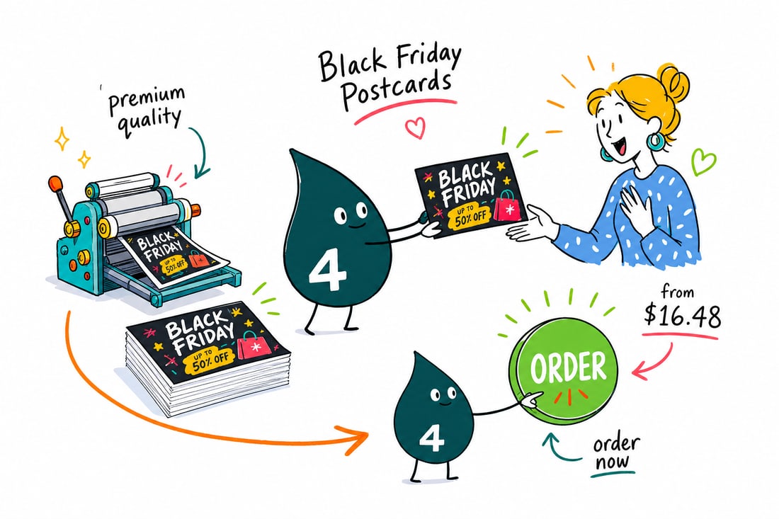 Wally the 4OVER4 mascot handing a bright Black Friday sale postcard, priced at $16.48 for 50, across a counter to a happy shopper, teal hand-drawn line art.