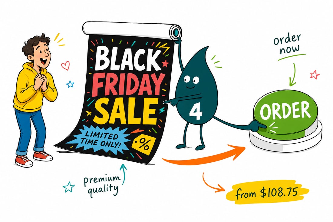 Wally the 4OVER4 mascot hanging a bold Black Friday sale poster in a shop window, priced from $25, teal hand-drawn line art.