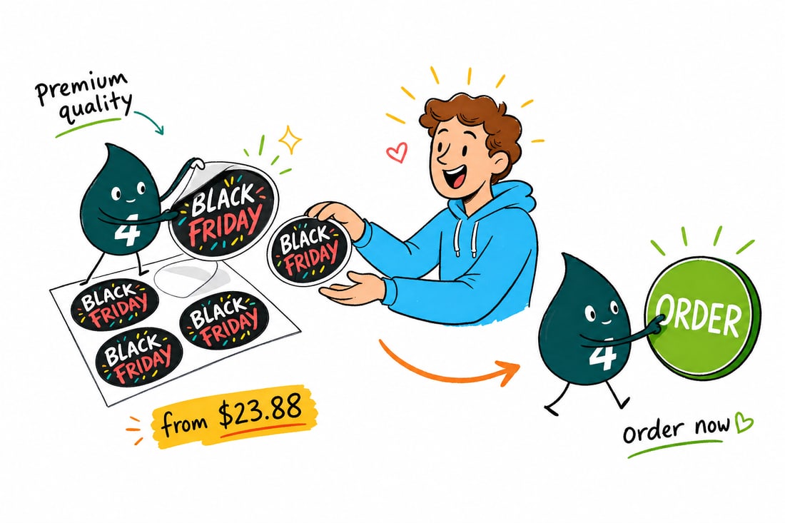 Wally the 4OVER4 mascot pressing a bright Black Friday percent-off sticker onto a store window, teal hand-drawn line art.