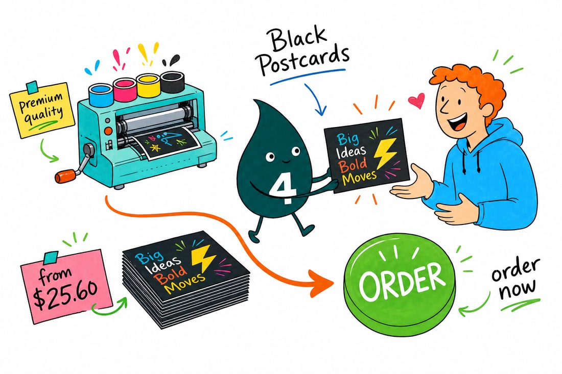 Wally the 4OVER4 mascot holding up a matte black postcard with bright white lettering and a painted gold edge, priced at $25.60 for 50, teal hand-drawn line art.