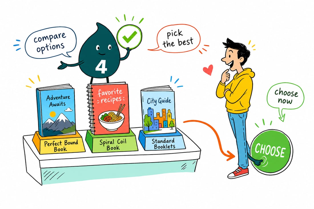 Wally compares book printing options side by side at 4OVER4.COM