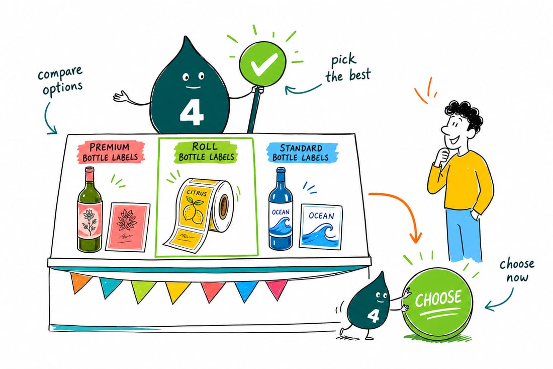 Wally compares Bottle Labels options side by side at 4OVER4.COM