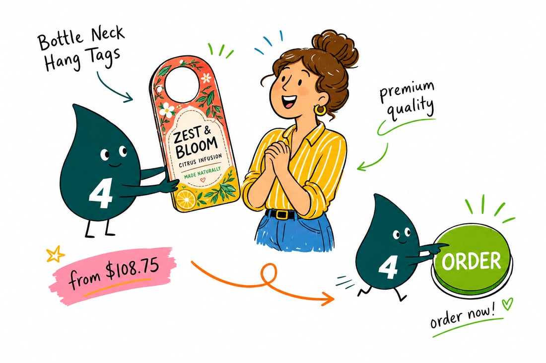 Wally the 4OVER4 mascot slipping a printed bottle neck hang tag over the neck of a wine bottle, priced at $108.75 for 100, teal hand-drawn line art.