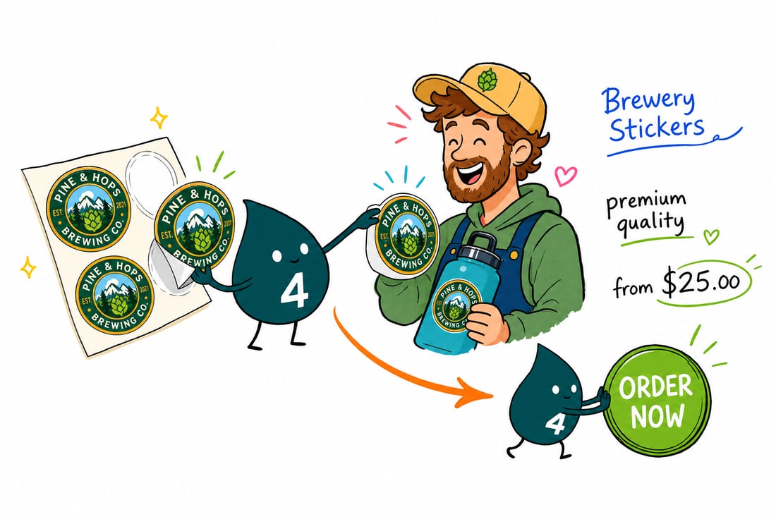 Wally the 4OVER4 mascot pressing a full-color brewery sticker onto a beer bottle on a taproom counter, teal hand-drawn line art.