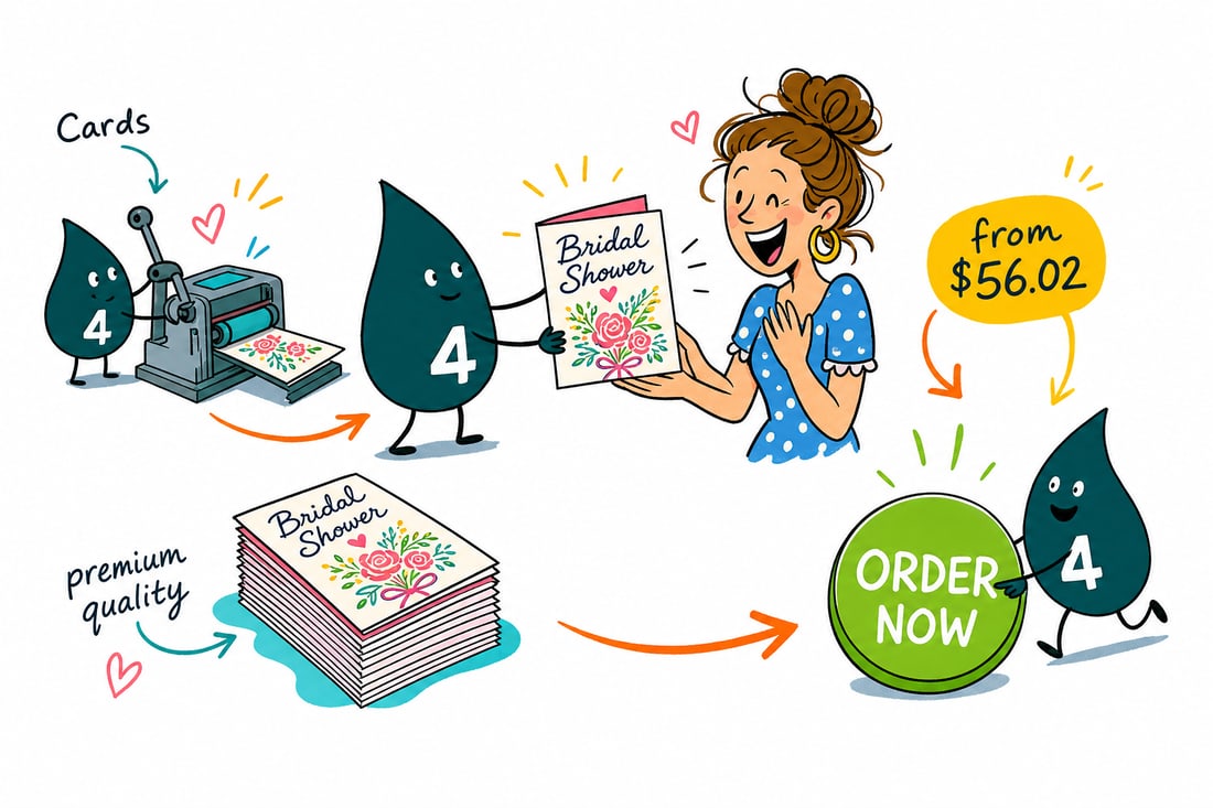 Wally the 4OVER4 mascot handing a folded bridal shower greeting card, priced at $56.02 for 50, across a counter to a happy customer, teal hand-drawn line art.
