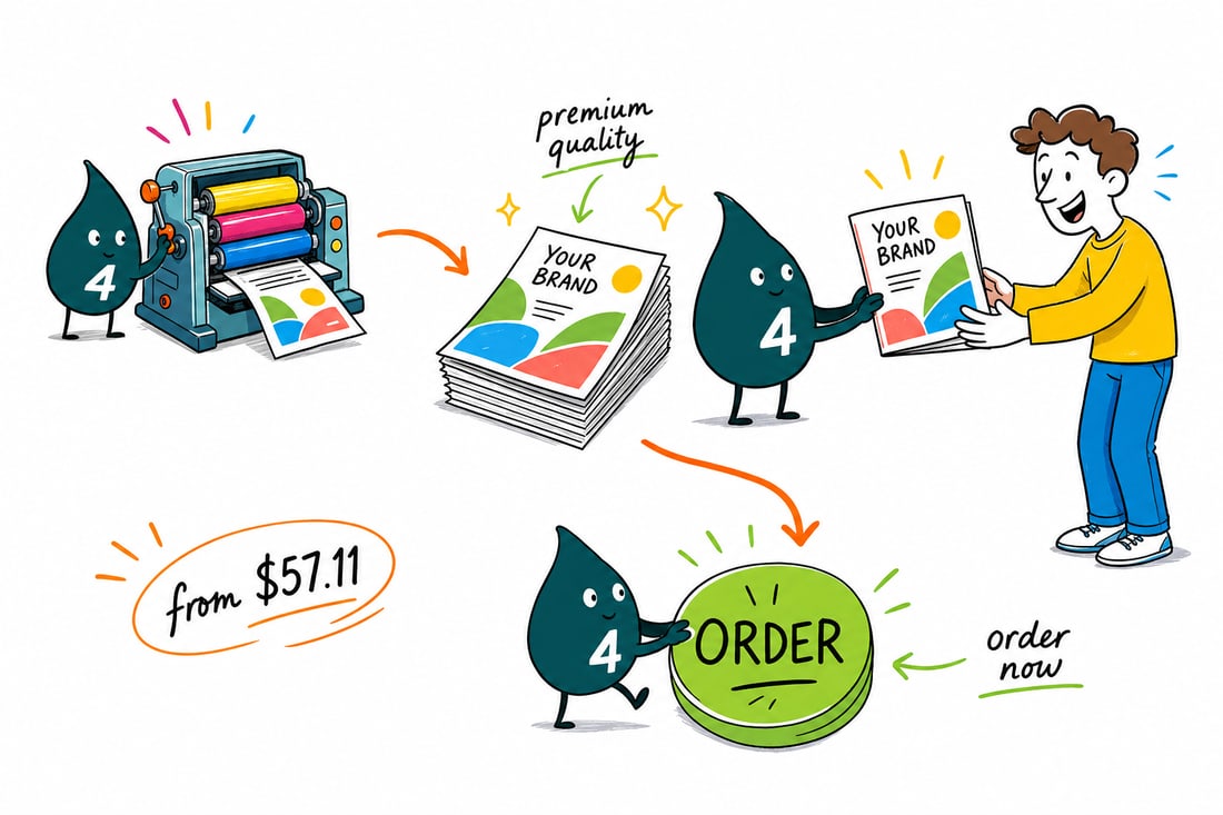 Wally the 4OVER4 mascot handing an open full-color brochure, priced at $57.11 for 50, across a counter to a happy customer, teal hand-drawn line art.