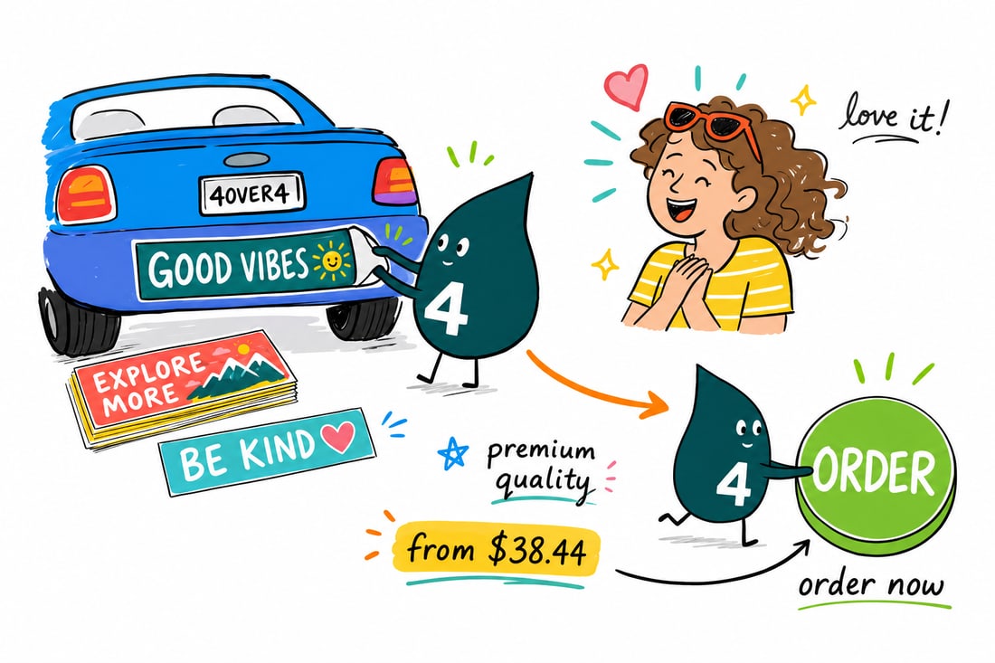 Wally the 4OVER4 mascot pressing a weatherproof bumper sticker onto a car bumper, priced at $38.44 for 25, teal hand-drawn line art.