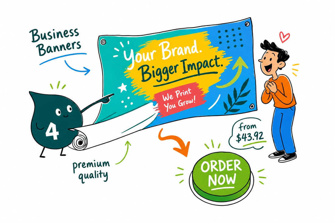 Wally the 4OVER4 mascot unrolling a large 13oz vinyl business banner priced from $43.92, with metal grommets along the edge, teal hand-drawn line art.