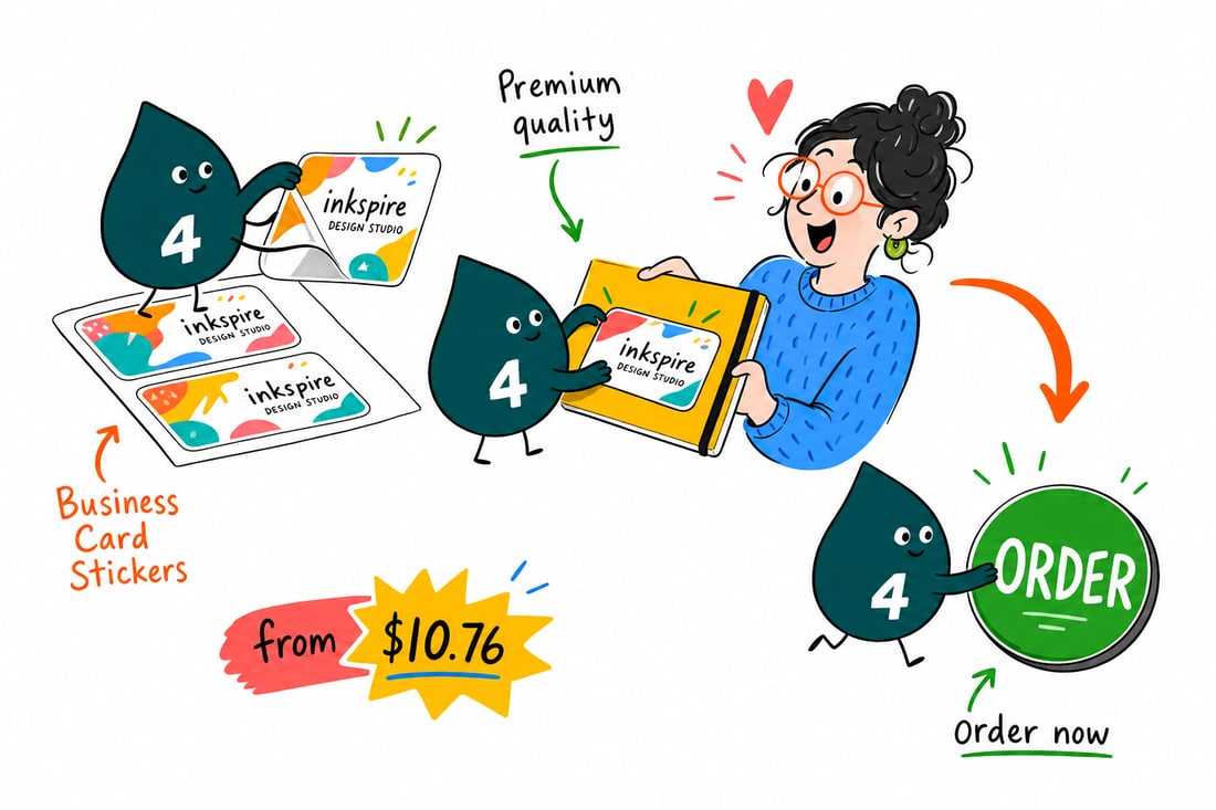 Wally the 4OVER4 mascot peeling a full-color business card sticker off its backing and pressing it onto a shipping box, priced from $10.76, teal hand-drawn line art.