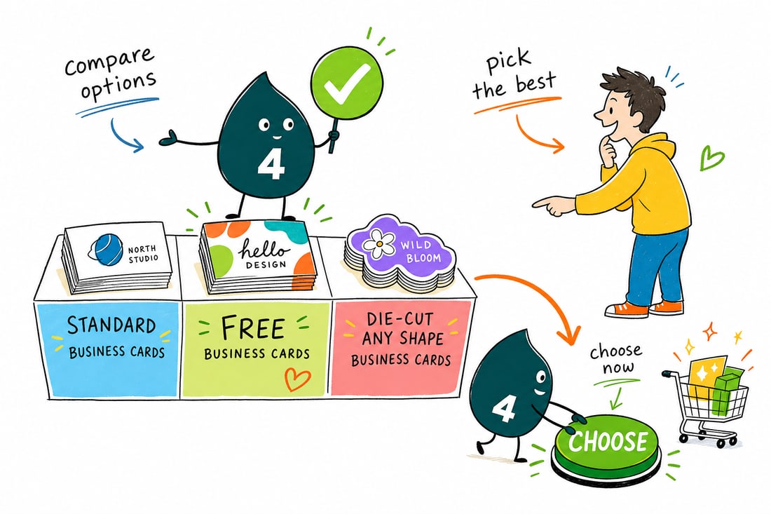 Wally compares business card stocks and finishes side by side at 4OVER4.COM