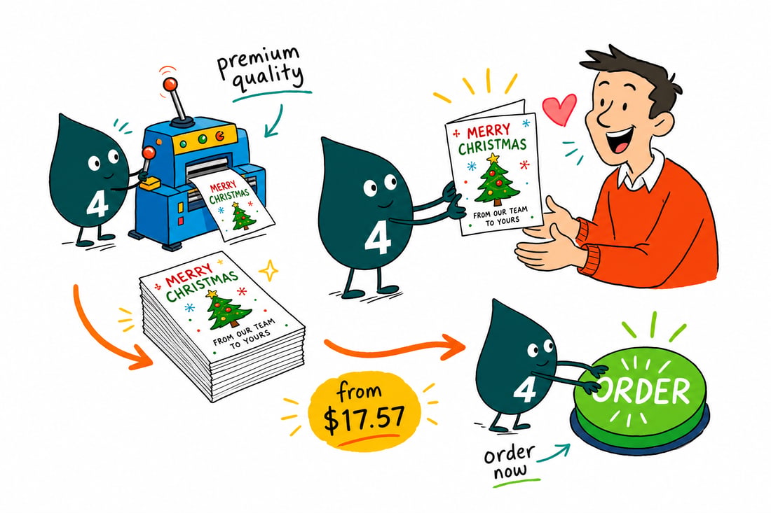 Wally the 4OVER4 mascot handing a festive holiday business card, priced at $17.57 for 100, across a counter to a happy customer, teal hand-drawn line art.
