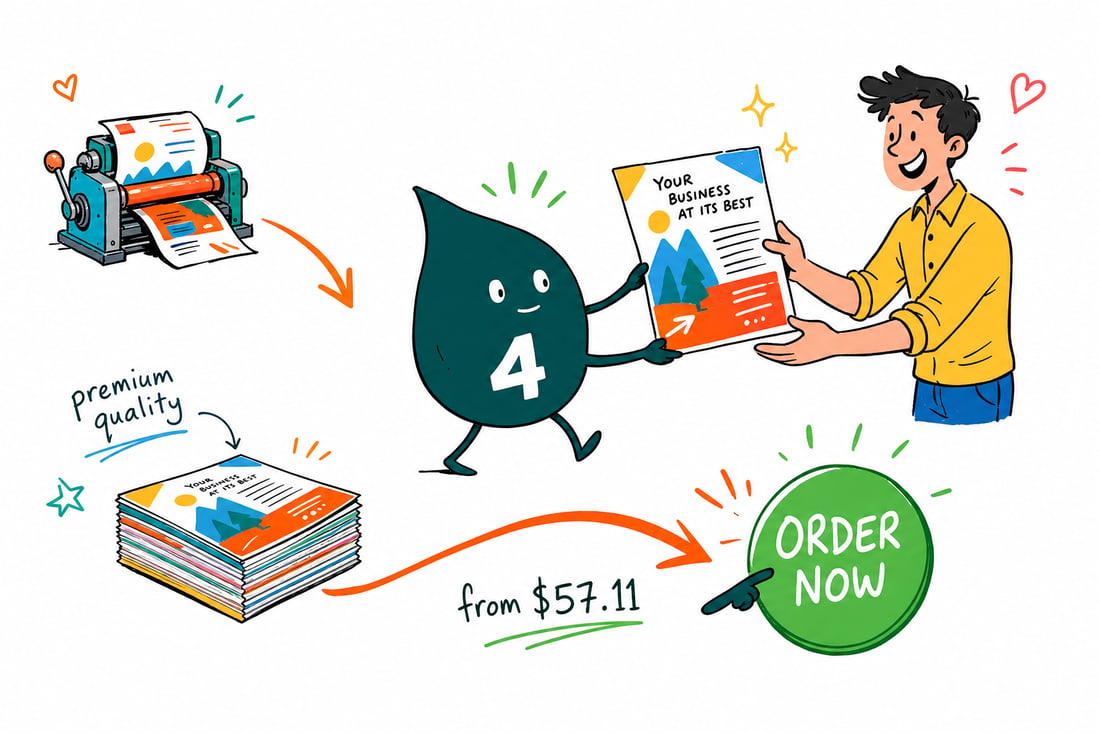 Wally the 4OVER4 mascot handing a bright full-color business flyer, priced from $57.11 for 50, across a counter to a small-business owner, teal hand-drawn line art.