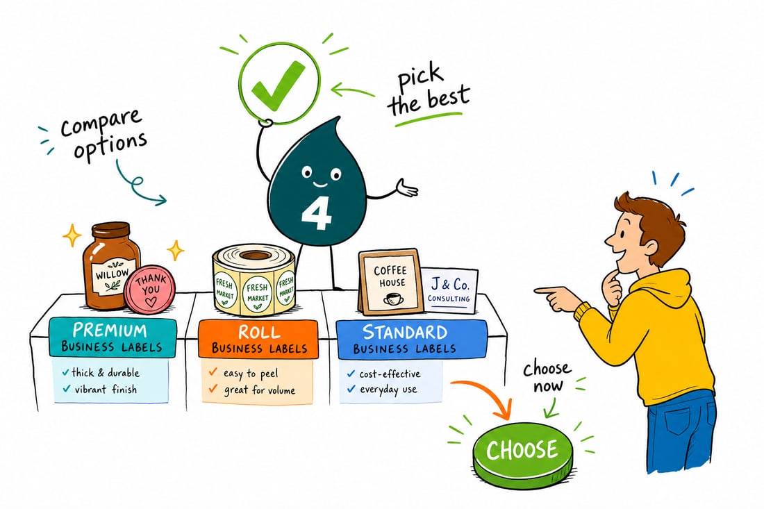 Wally compares Business Labels options side by side at 4OVER4.COM