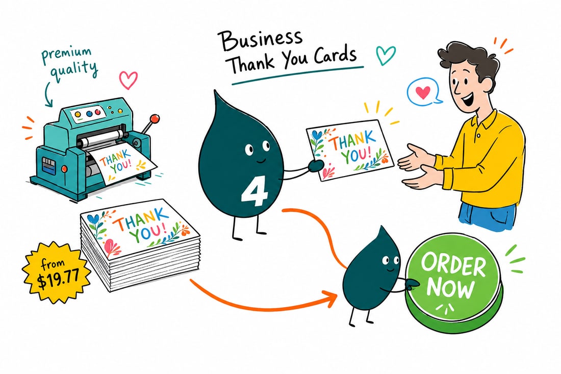Wally the 4OVER4 mascot handing a business thank you card and a matching envelope across a counter to a smiling customer, teal hand-drawn line art.