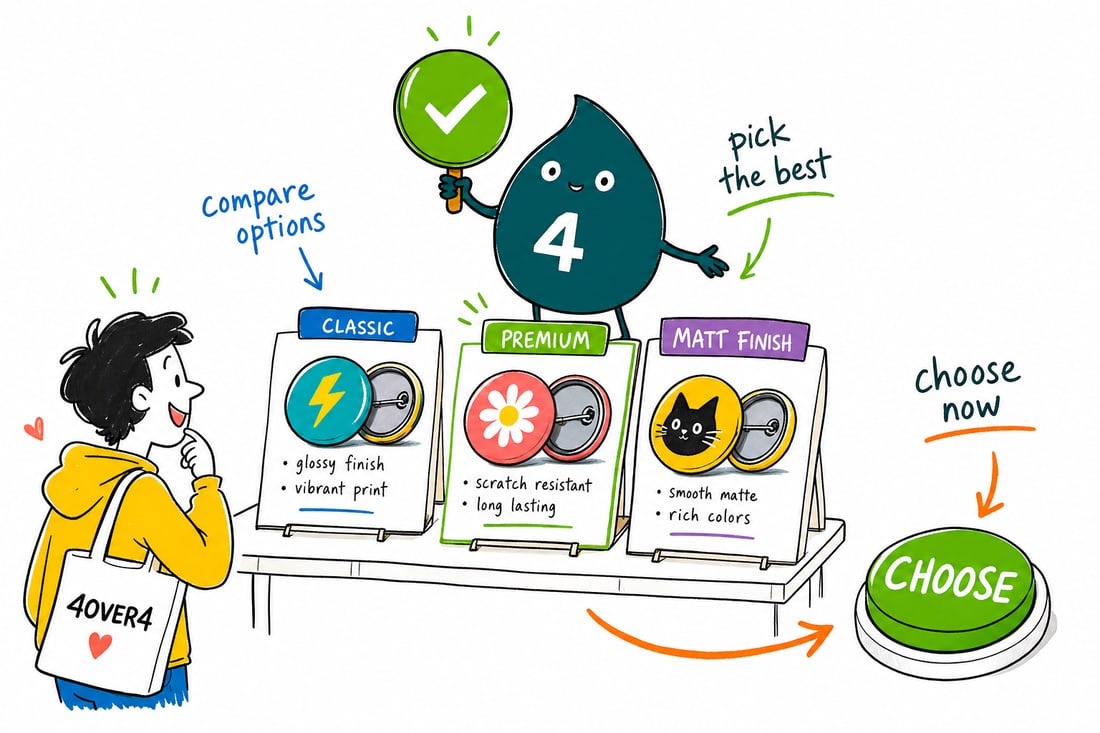 Wally compares Buttons options side by side at 4OVER4.COM
