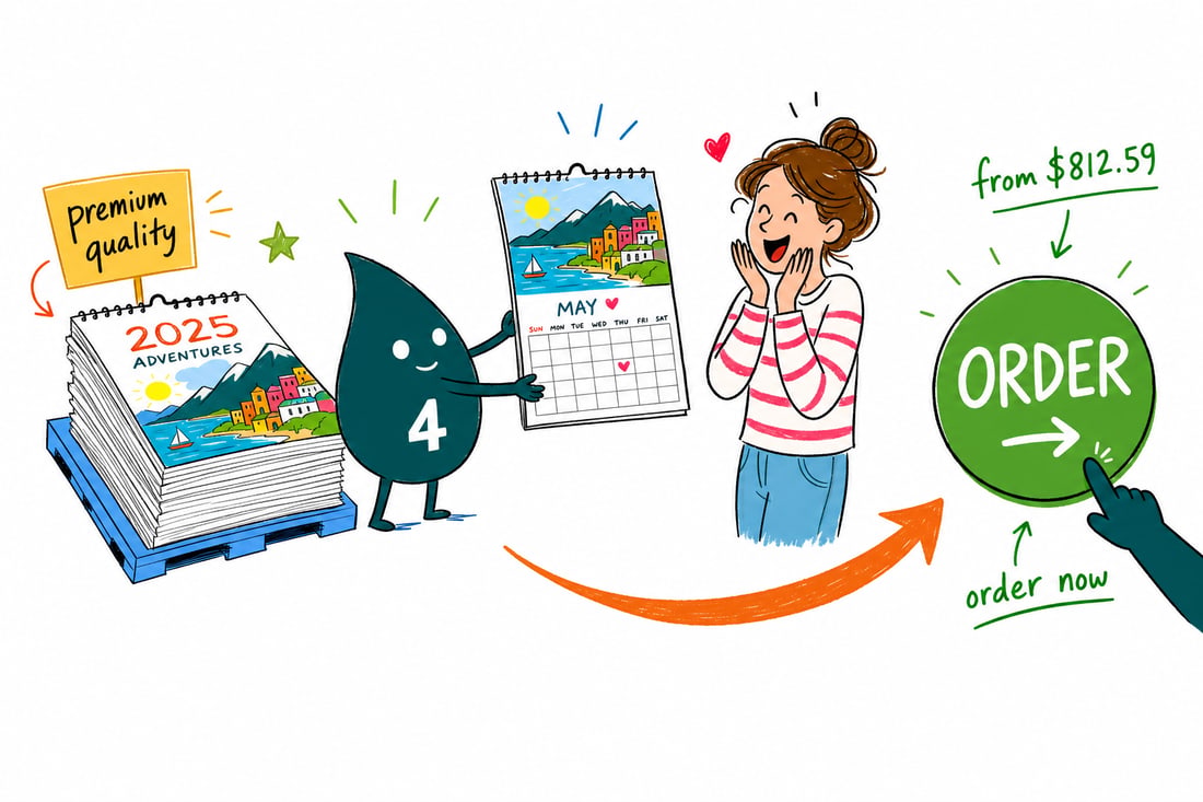 Wally the 4OVER4 mascot handing an open saddle-stitched wall calendar, priced at $812.59 for 25, across a counter to a happy customer, teal hand-drawn line art.