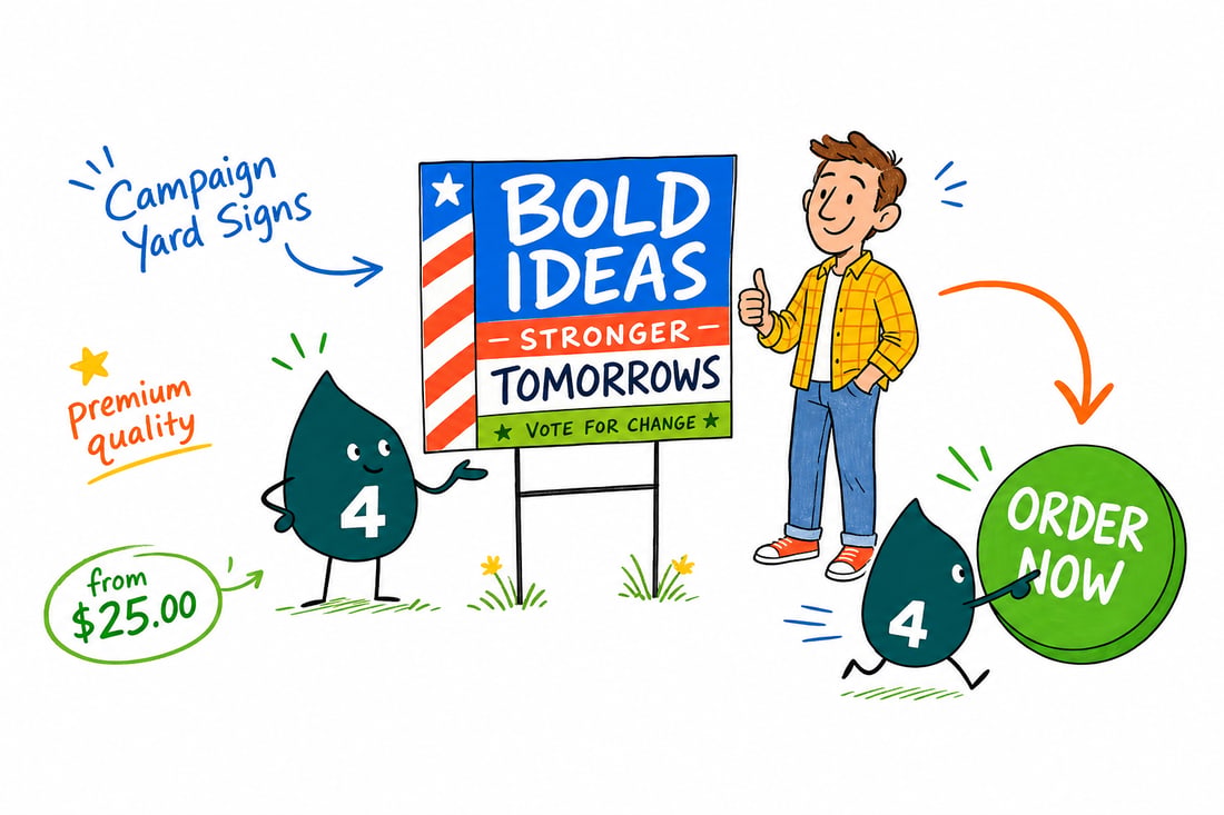 Wally the 4OVER4 mascot planting a campaign yard sign priced at $25 into a green front lawn with an H-stake, teal hand-drawn line art.