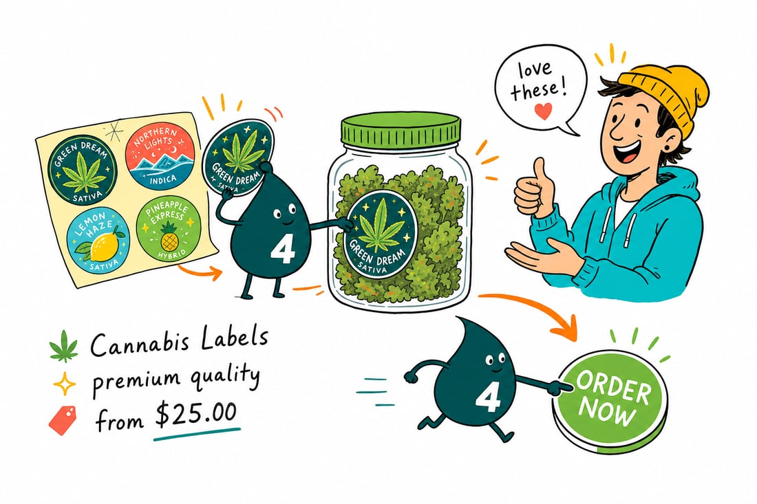 Wally the 4OVER4 mascot smoothing a printed label onto a cannabis jar, priced from $25, teal hand-drawn line art.