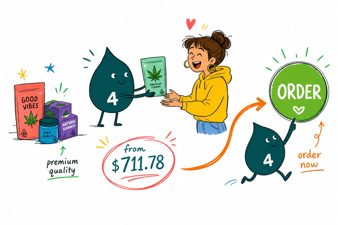 Wally the 4OVER4 mascot holding a full-color printed cannabis packaging box priced from $711.78, handing it across a dispensary counter, teal hand-drawn line art.