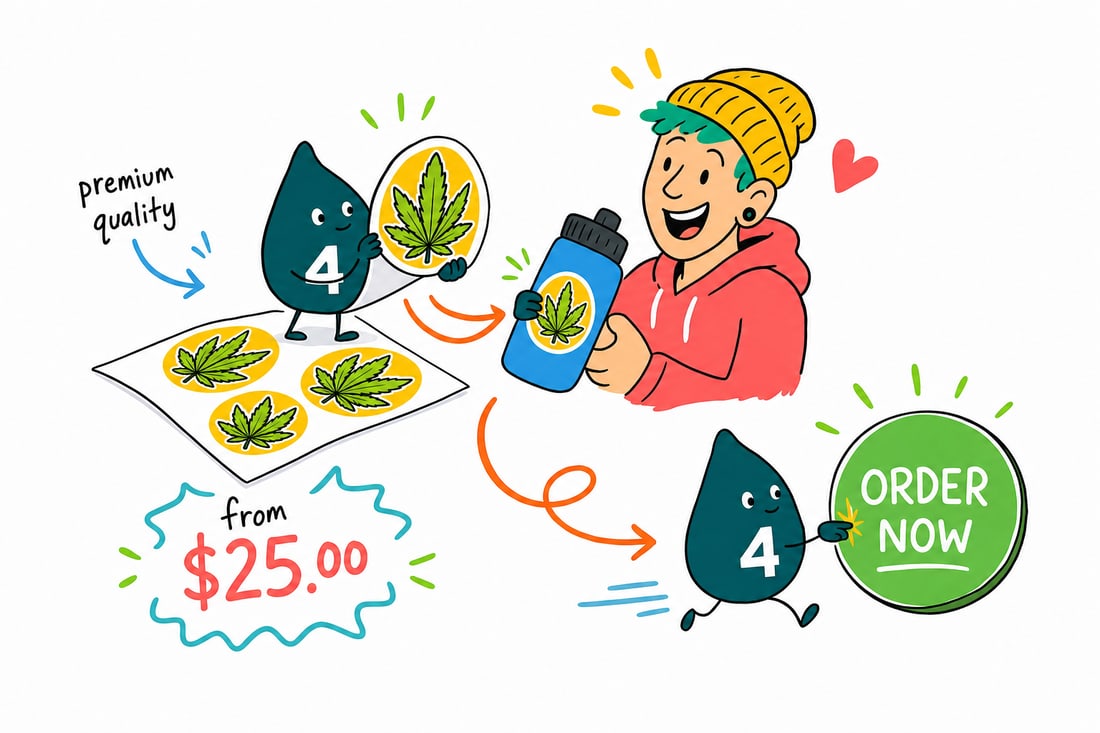 Wally the 4OVER4 mascot pressing a clear cannabis sticker onto a glass jar, priced from $25, teal hand-drawn line art.